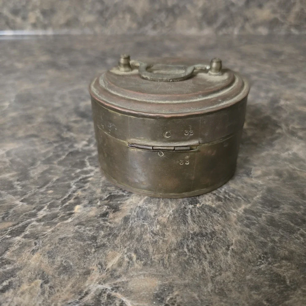 Vintage Round Brass Hinged Trinket Box w/ Top Handle Made in India